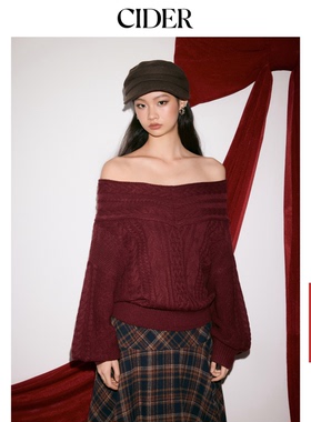 CIDER新年穿搭红色毛衣粗针织落肩灯笼袖一字肩宽松上衣114983064
