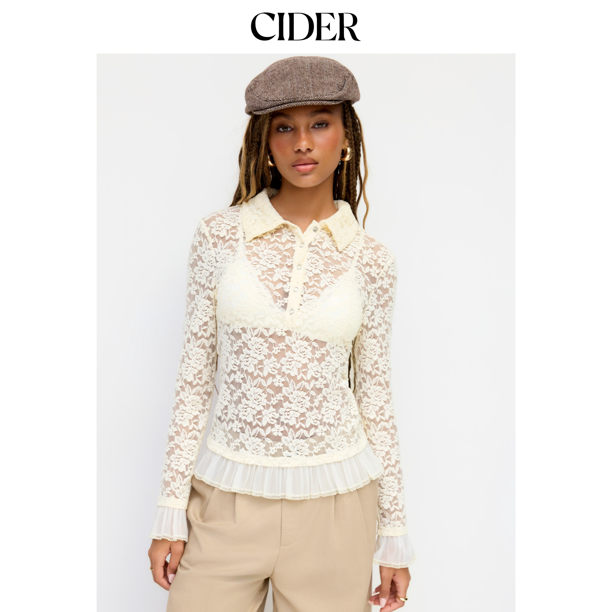 CIDER美式夏季女装碎花蕾丝翻领透视灯笼袖上衣114782549