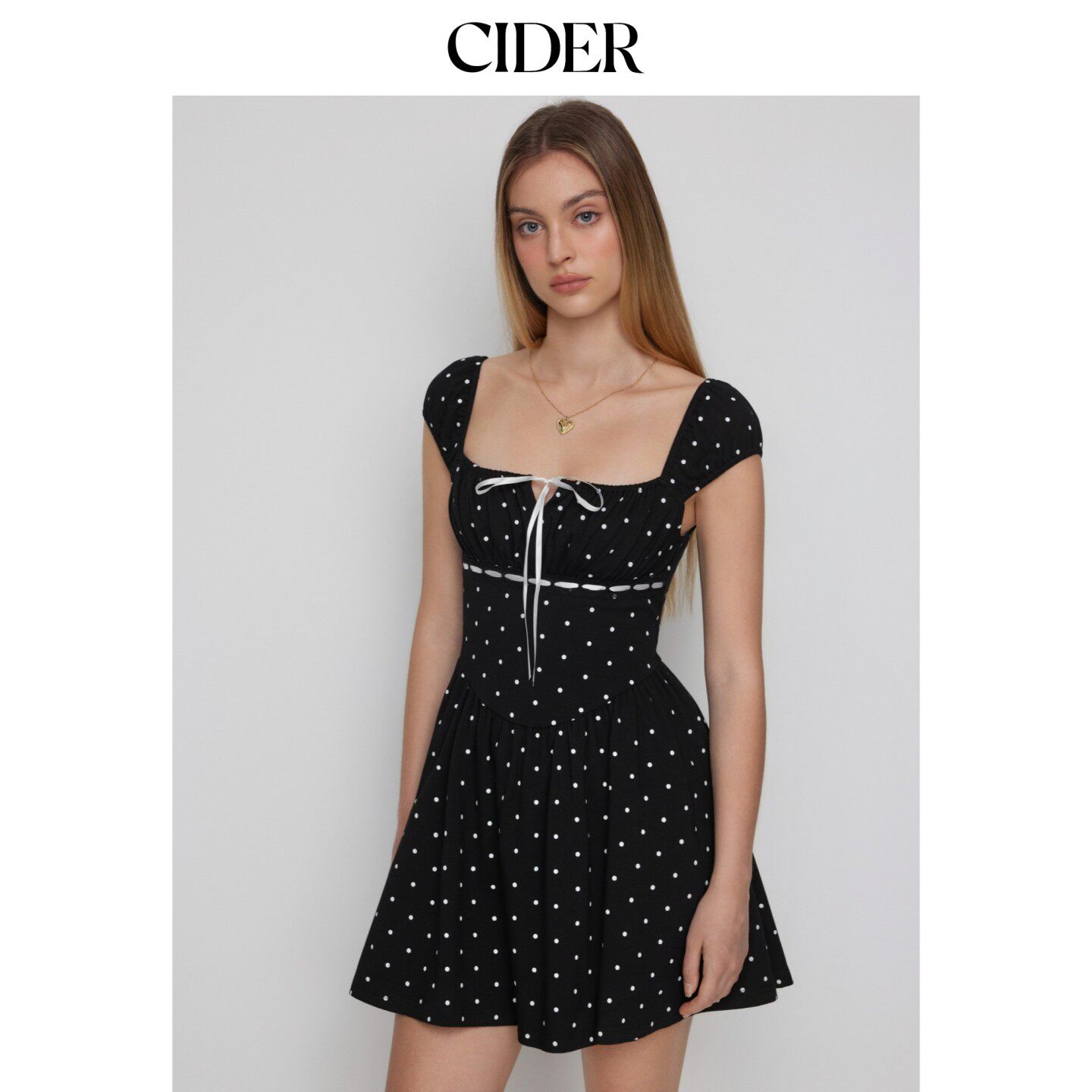 CIDER2026早秋季新品棉混纺波点方领蝴蝶结A字迷你连衣裙11543528图片