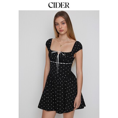 CIDER2026夏季新品棉混纺波点方领蝴蝶结A字迷你连衣裙115435284