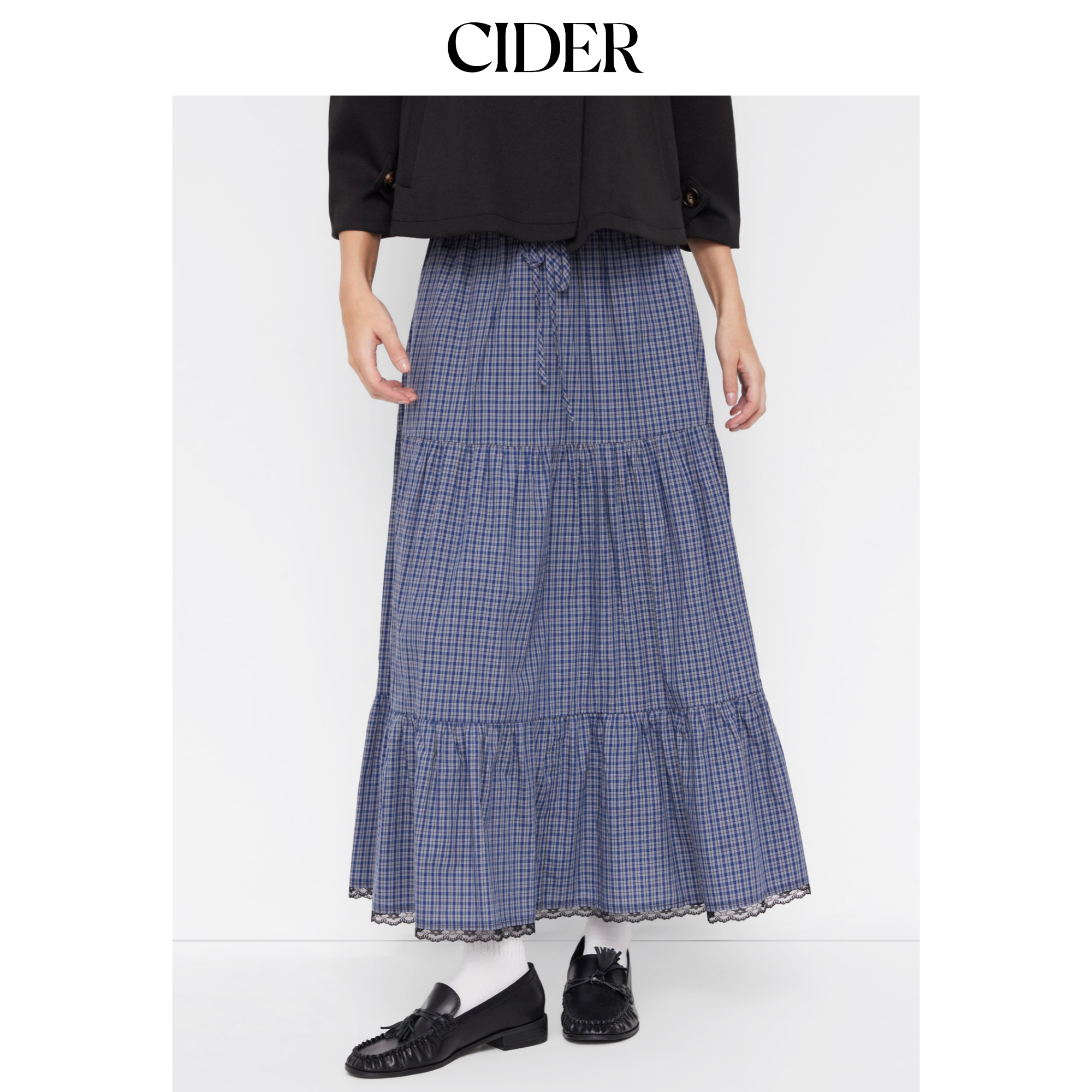 CIDER全棉中腰格纹荷叶边抽绳长裙115143839,女装/女士精品,半身裙,淘宝优惠券,粉丝福利购,淘宝优惠卷