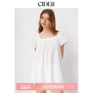 CIDER再生棉法式方领新款女装荷叶边系带短袖衬衫上衣