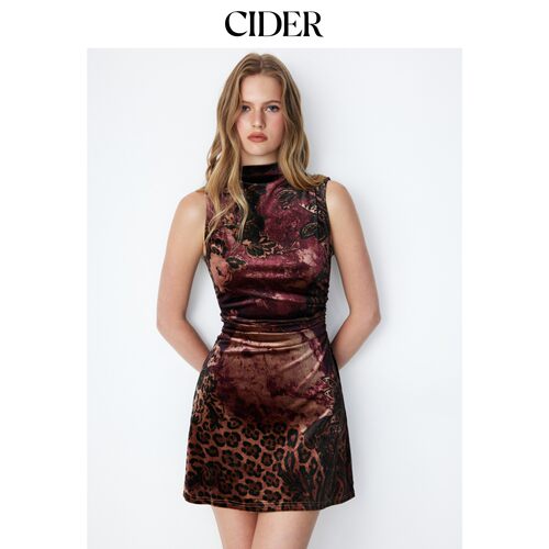 CIDER2026秋季新品丝绒植绒印花立领A字迷你连衣裙115749689