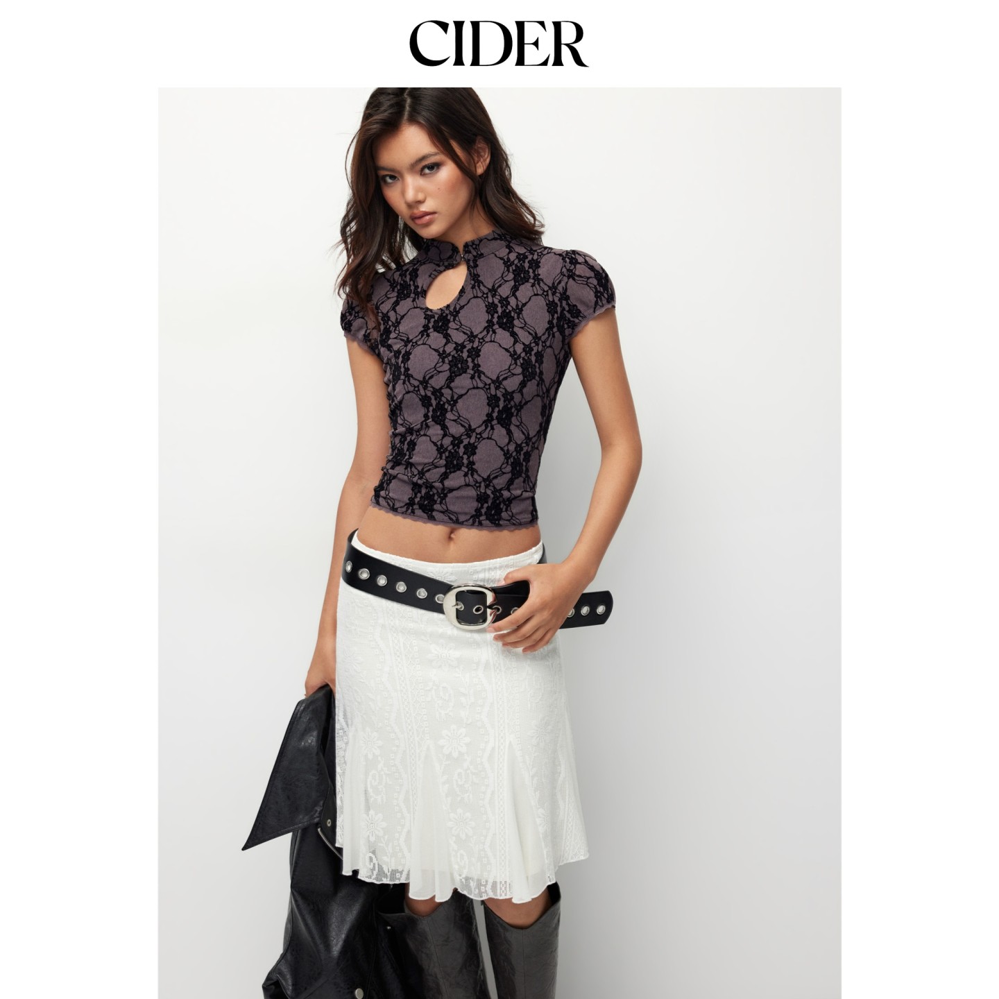CIDER2026秋季新品蕾丝镂空中式短袖上衣115528908图片