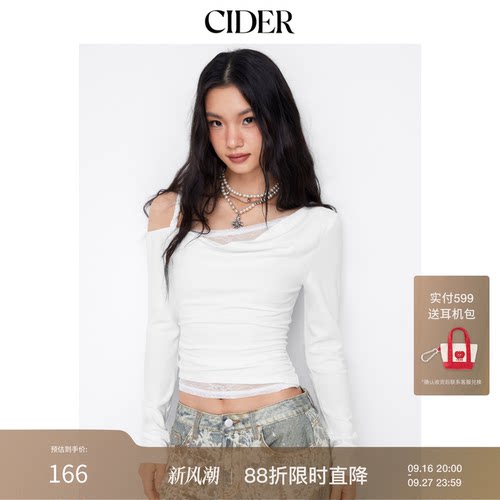 CIDER美式不对称领口长袖蕾丝褶皱上衣114993948