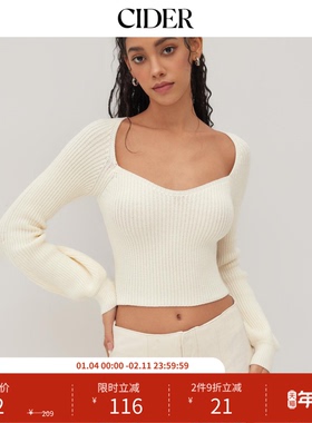 CIDER春秋新品女装色针织V领灯笼袖短款上衣1041046