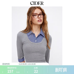 CIDER翻领格纹拼接假两件针织衫 纽扣针织上衣114778634