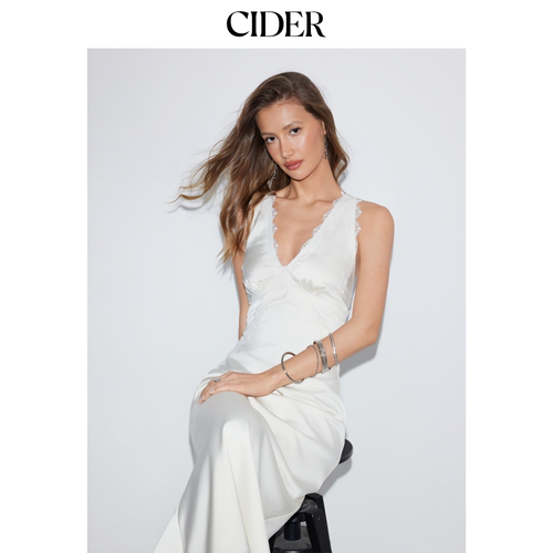 CIDER缎面蕾丝拼接V领美人鱼长连衣裙115209292