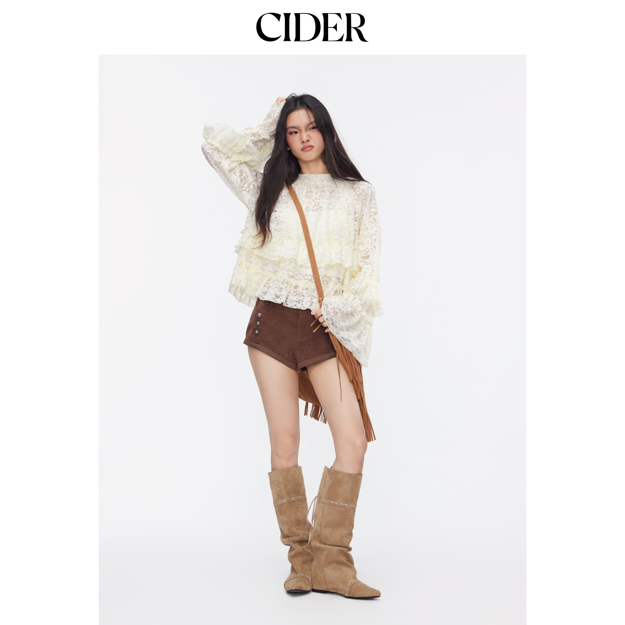 CIDER都市游牧风蕾丝碎花翻领喇叭袖荷叶边上衣套装女装114822364图片