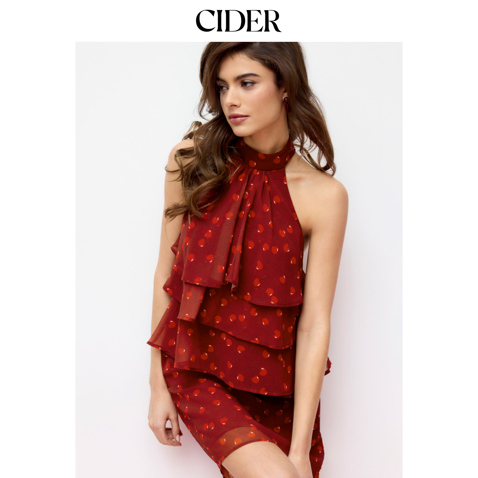 CIDER樱桃印花挂脖系带雪纺上衣115140801