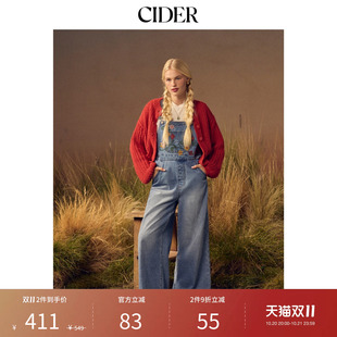 CIDER2026秋季新品弹力牛仔低腰碎花刺绣宽松阔腿背带裤115595035