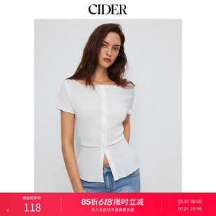 CIDER2026夏季新品纹理感船型翻领纽扣上衣 荷叶边短袖115387417