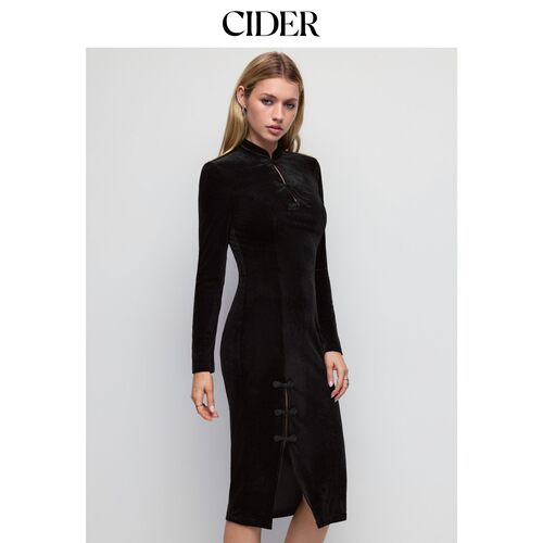 CIDER2026秋季新品天鹅绒立翻领长袖开衩修身中长连衣裙115730674