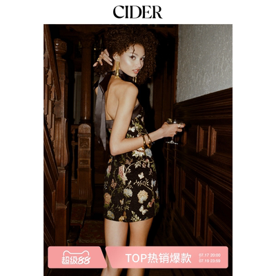 CIDER美式a字提花碎花约会抹胸迷你连衣裙配蝴蝶结丝巾115009973
