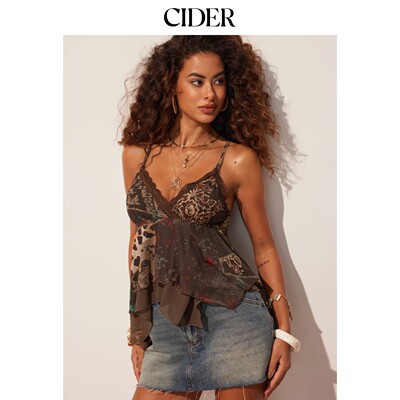 CIDER网眼阿兹特克V领蕾丝边荷叶摆短款吊带上衣115531191