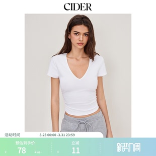 CIDER棉V领T恤夏百搭美式 上衣114525506 褶皱设计短袖