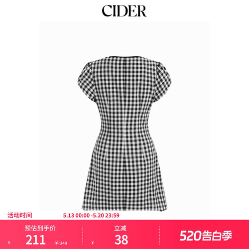 CIDER2026春季新品棉质V领泡泡袖系带格纹A字迷你连衣裙115361268