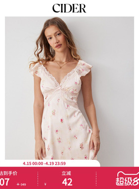 CIDER2026春季新品缎面碎花V领荷叶袖蕾丝A字迷你连衣裙115251473