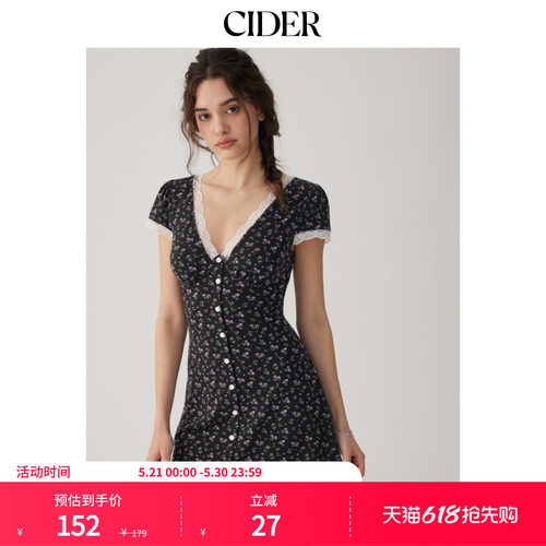 CIDER2026春季新品碎花V领蕾丝边高腰A字迷你连衣裙115285474