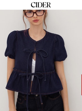 【明星同款】CIDER牛仔衣显瘦蝴蝶结泡泡袖宽松衬衫114498674