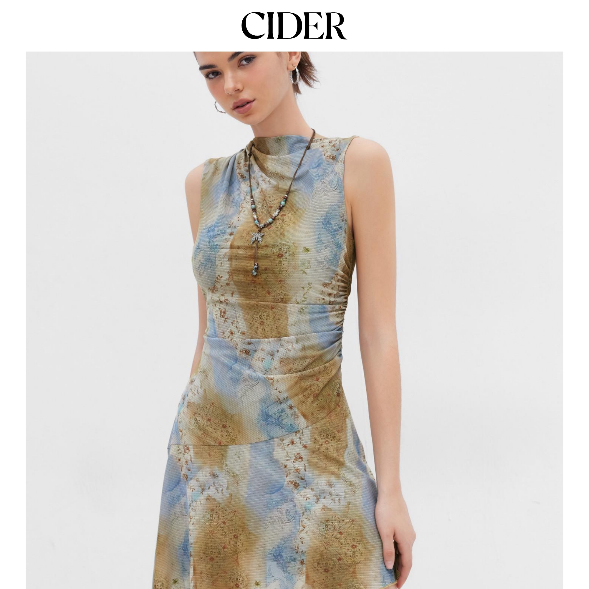 CIDER扎染碎花薄纱迷你连衣裙图片