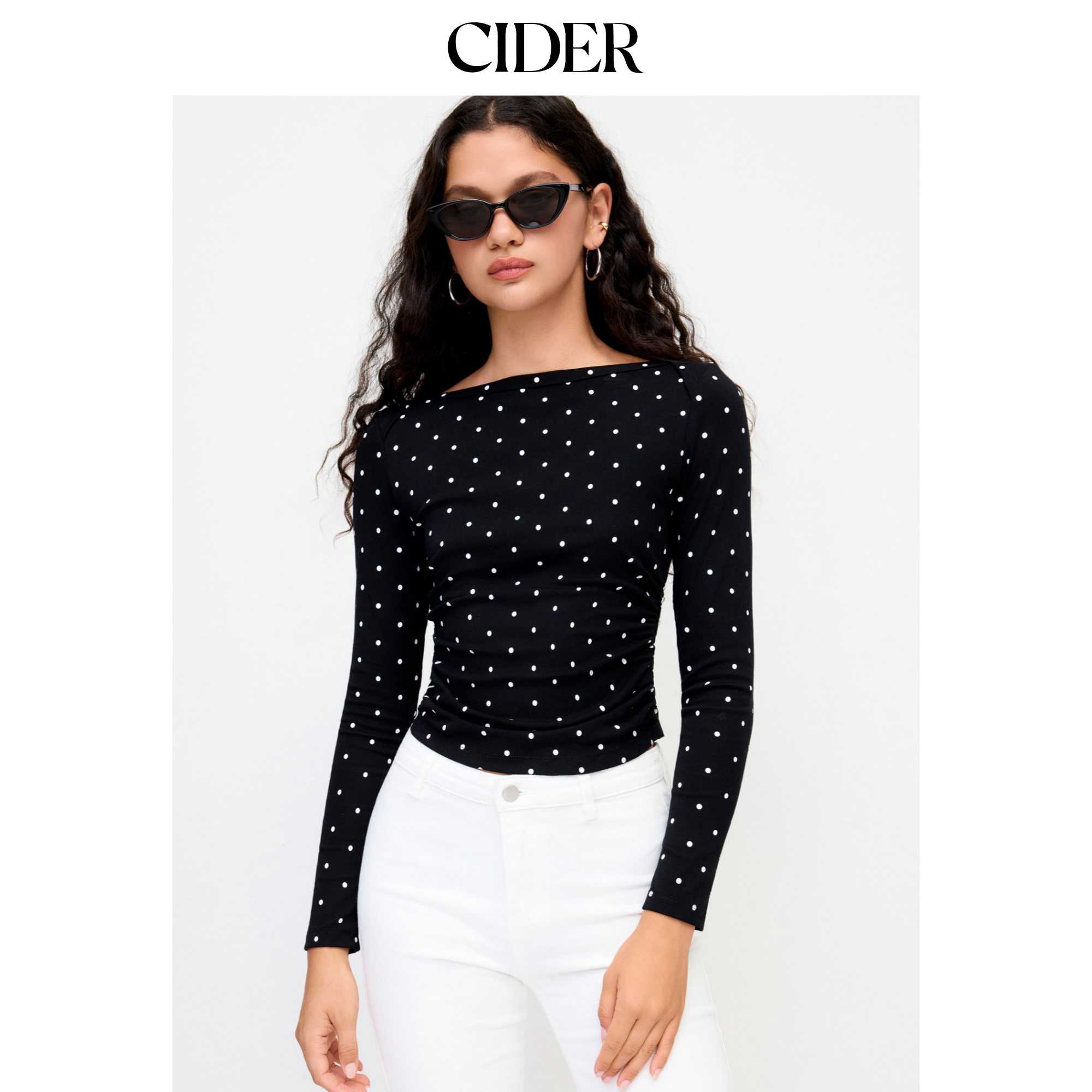 CIDER美式针织衫棉波点船领套头褶皱针织上衣114713165图片