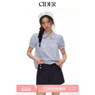 【明星同款】CIDER彼得潘格纹泡泡袖宽松上衣短袖衬衫115149732