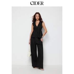 CIDER2026春季 亚麻混纺V领褶皱腰摆上衣阔腿裤 套装 115248572 新品
