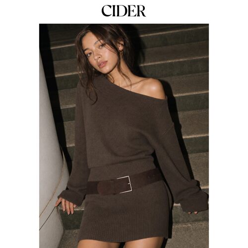 CIDER2026秋季新品针织钩编不对称领长袖A字迷你连衣裙115491458