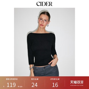 CIDER纯色套头一字领棉混纺船领中袖T恤短款女装上衣115127856