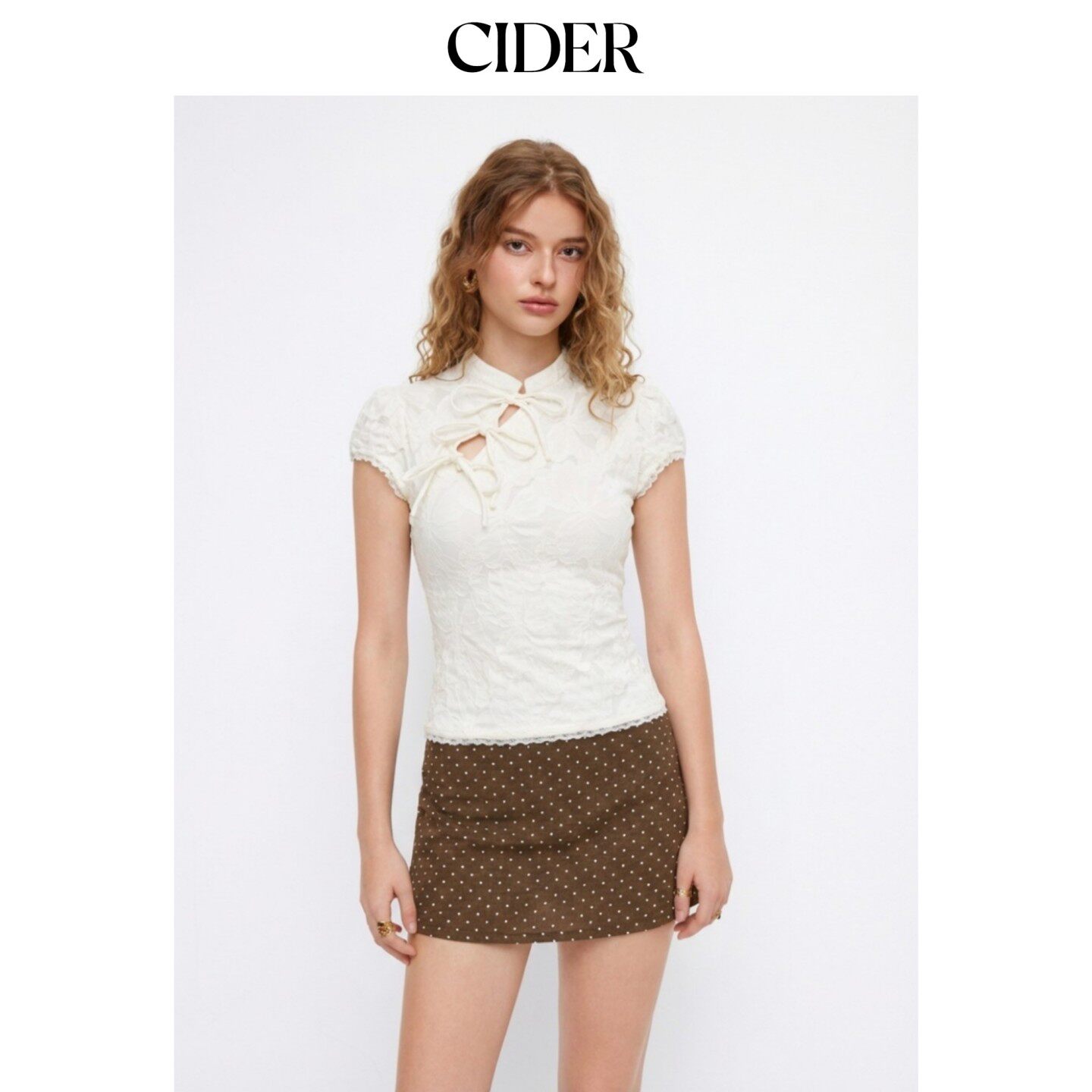 CIDER2026早秋穿搭蕾丝碎花翻领蝴蝶结短袖短款上衣115238767图片
