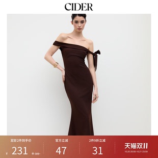 CIDERchic优雅风露肩蝴蝶结一字肩长款收腰连衣裙114444307