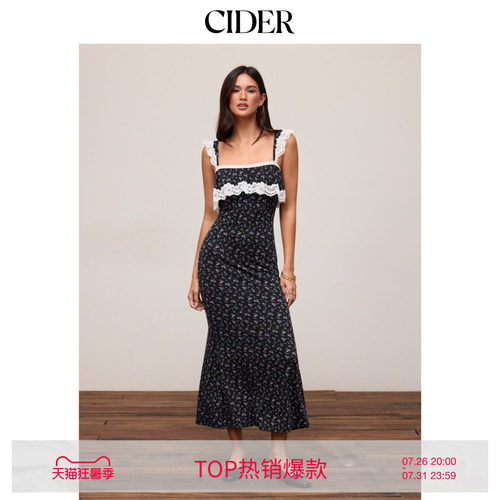 CIDER2026春季新品碎花蕾丝拼接荷叶袖鱼尾长连衣裙115387402