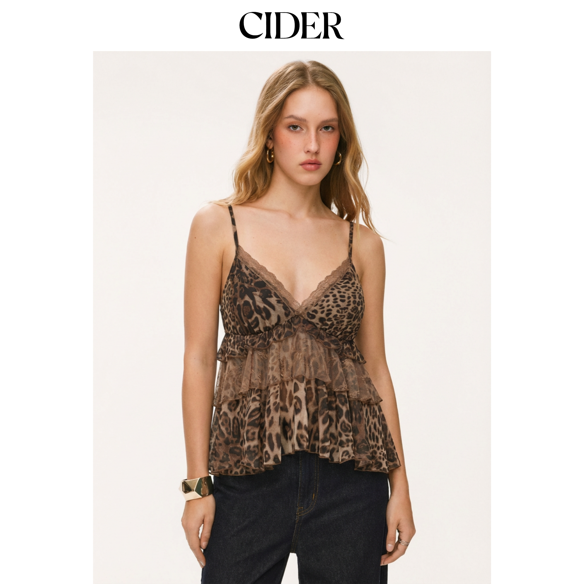 CIDER豹纹雪纺V领蕾丝边吊带上衣115132144