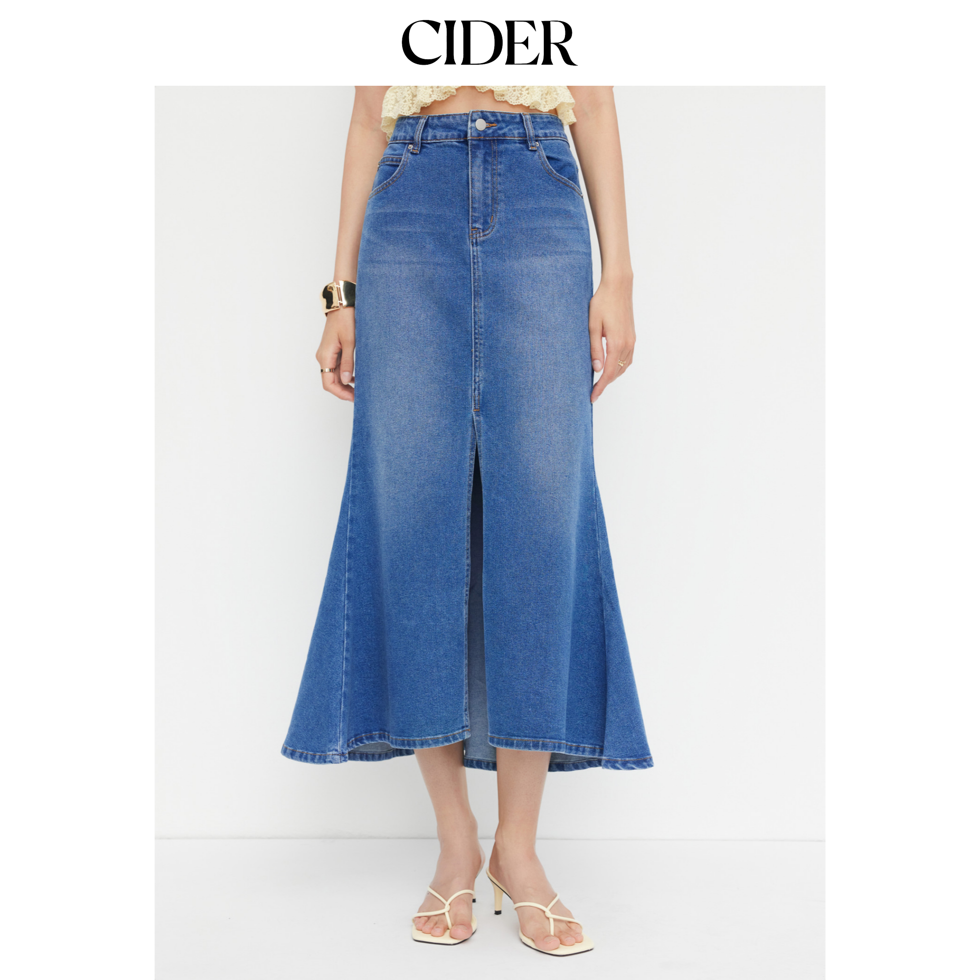 CIDER 弹力低腰开叉鱼尾长款牛仔半身裙 女装11468430