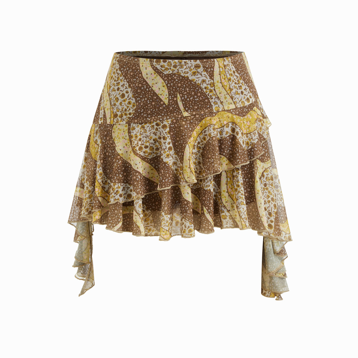 CIDER 夏季女装碎花不对称褶边网纱迷你短裙裤 1147353