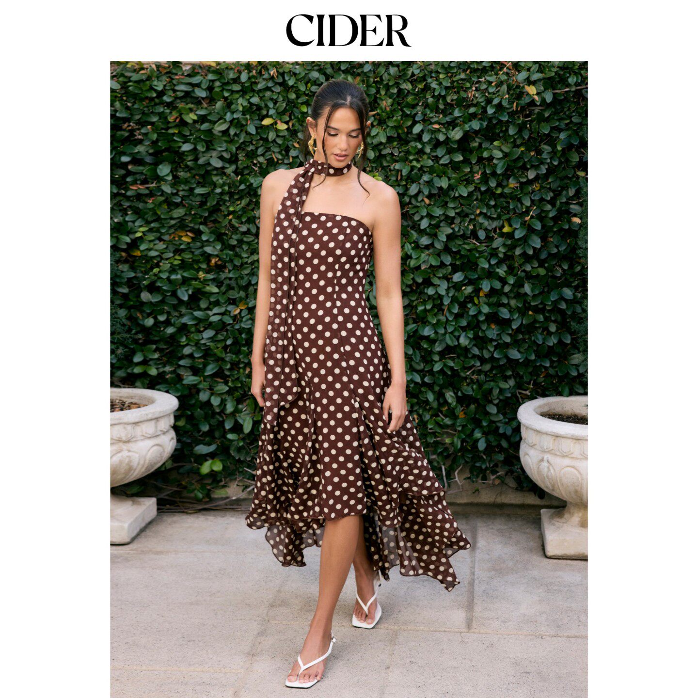 CIDER2026早秋穿搭雪纺挂脖波点荷叶边褶裥长连衣裙115180241图片
