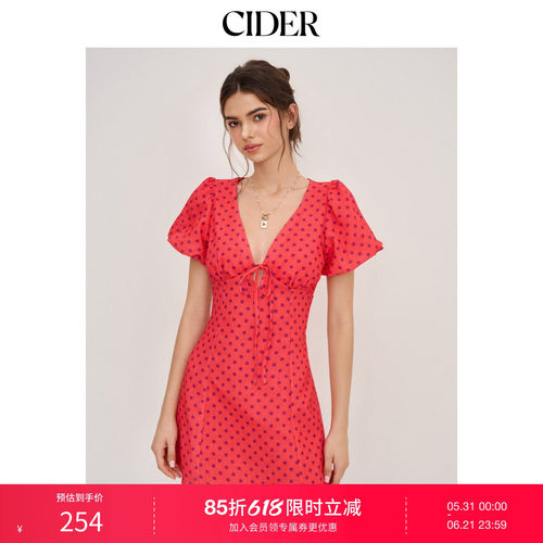 CIDER2026春季新品V领泡泡袖波点系带迷你连衣裙114478262