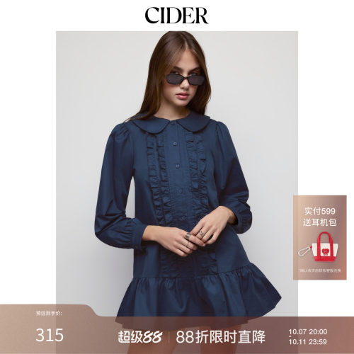 CIDER棉彼得潘翻领灯笼袖荷叶边宽松A字迷你连衣裙115769340