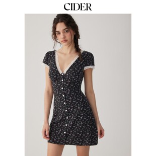 CIDER2026春季新品碎花V领蕾丝边高腰A字迷你连衣裙115285474