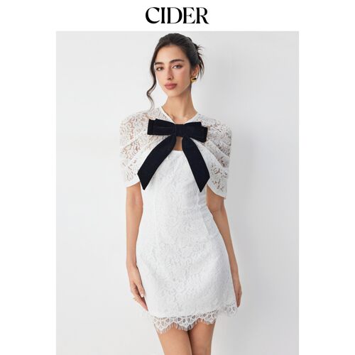 CIDER秋季新品棉混纺蕾丝V领蝴蝶结A字迷你连衣裙115535195
