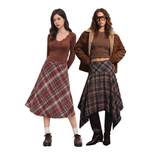 【所有女生直播间】CIDER红色格纹荷叶边半身裙/仿羊毛阔摆半身裙