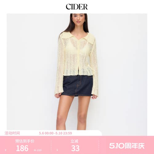 CIDER春秋新品女装针织羊毛翻领透视上衣114764837