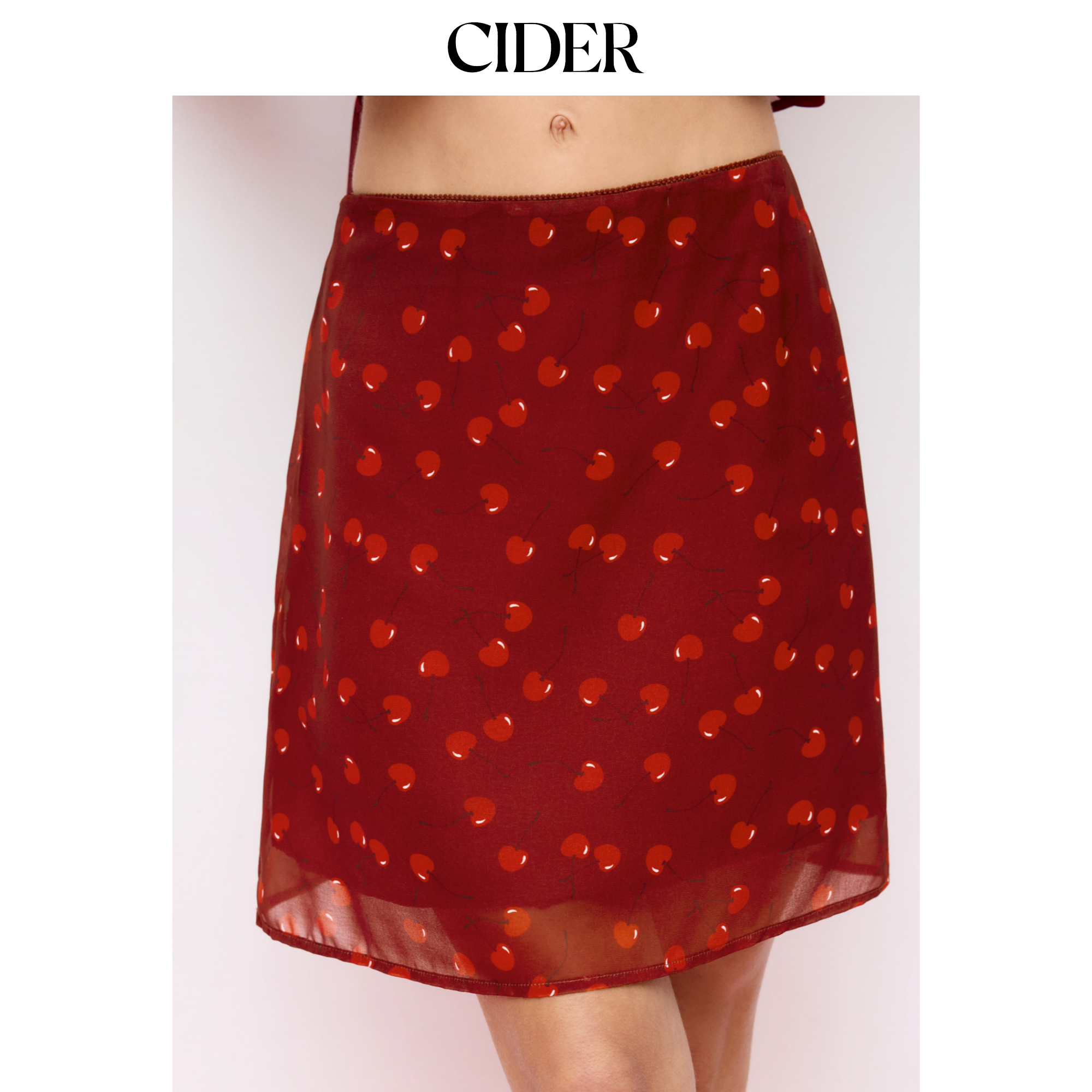 CIDER樱桃印花雪纺中腰A字中长半身裙115146748