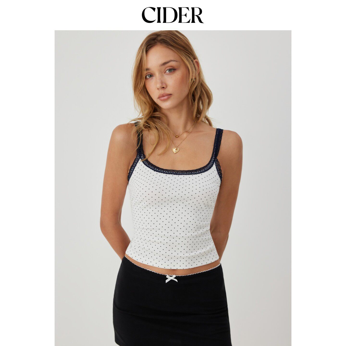 CIDER2026早秋季新品棉混纺波点圆领蕾丝边吊带上衣115377805图片