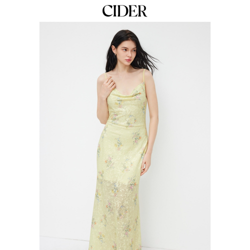 CIDER夏季女装网纱荡领3D碎花美人鱼长连衣裙114720201