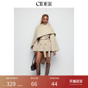 CIDER2026秋季新品不对称双排扣喇叭袖风衣腰带115740630
