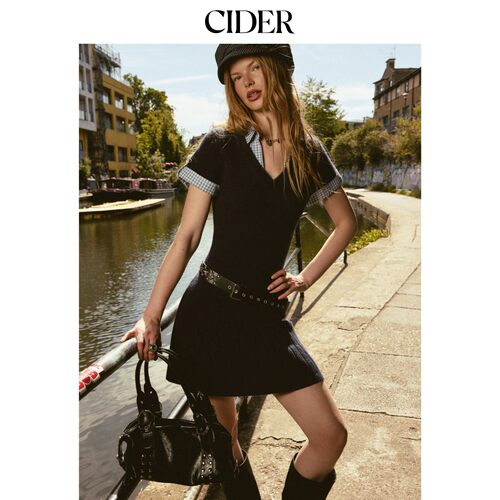 CIDER2026秋季新品格纹翻领针织短袖连衣裙115528799