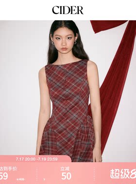 CIDER仿羊毛船领格子泡泡裙摆迷你连衣裙115071243