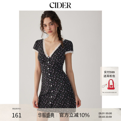 CIDER2026春季新品碎花V领蕾丝边高腰A字迷你连衣裙115285474